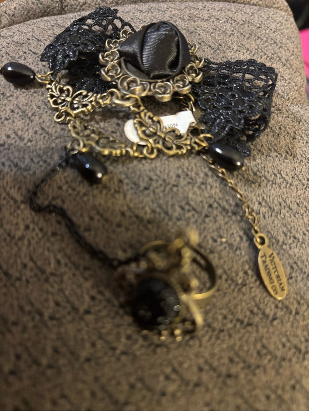 Black Lace Rose Bracelet with Connecting Ring. Antique Brass Accents - Picture 2 of 9